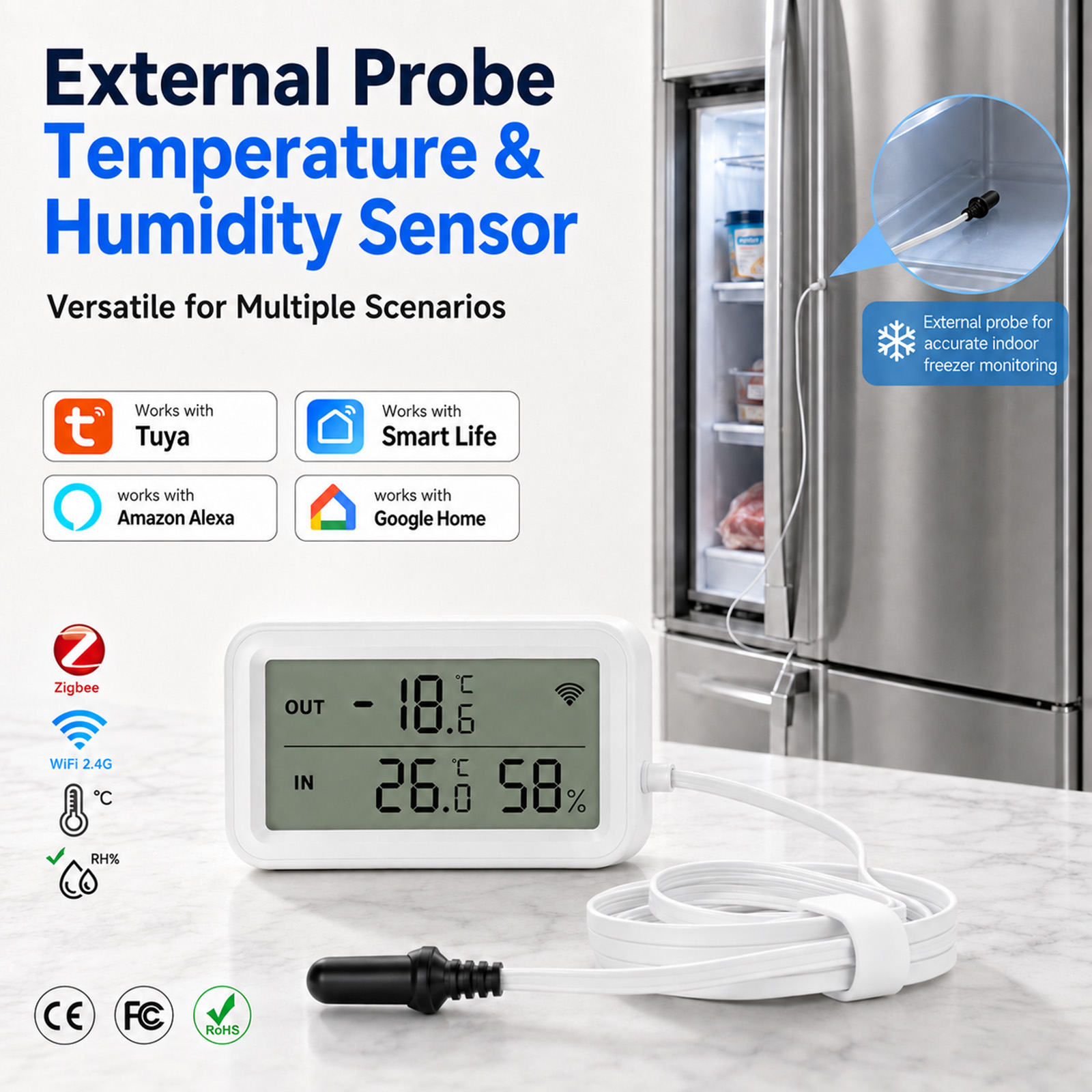 Digital Hygrometer Probe - 外部防水プローブ温度湿度センサー Tuya WiFi LCD温度計湿度計 冷蔵庫、水槽、プール用 Alexa対応