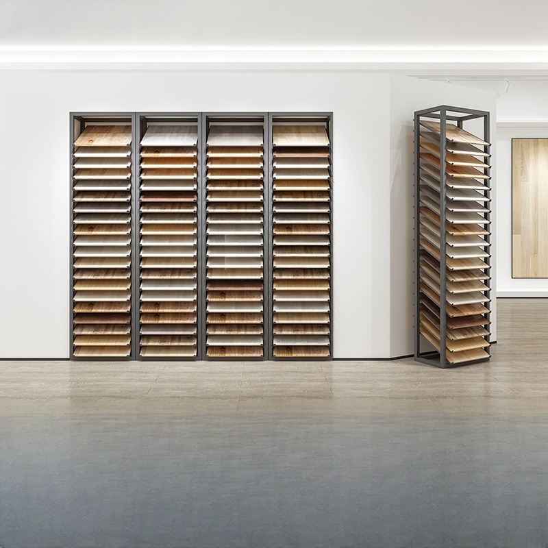 Ceramic Tile Floor - 工場直販のモダンで環境に配慮した木製フローリングとセラミックタイルの展示ラック。金属製のフレームを使用し、自立式のデザイン。